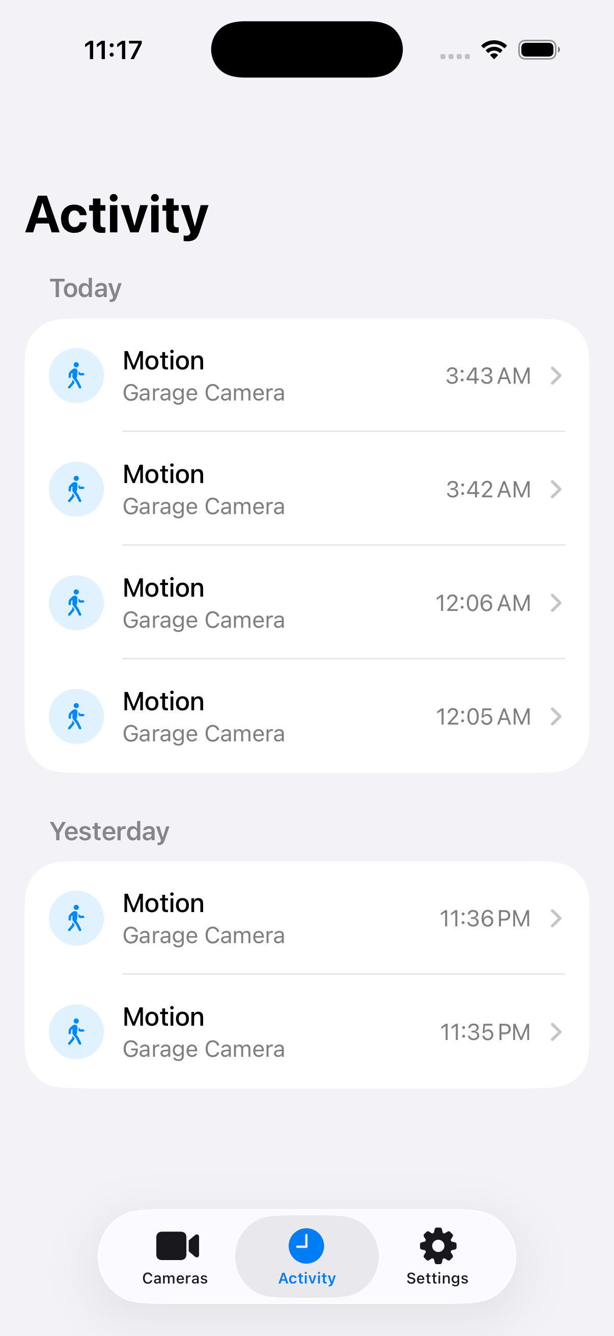iPhone showing the day-grouped activity feed of camera events