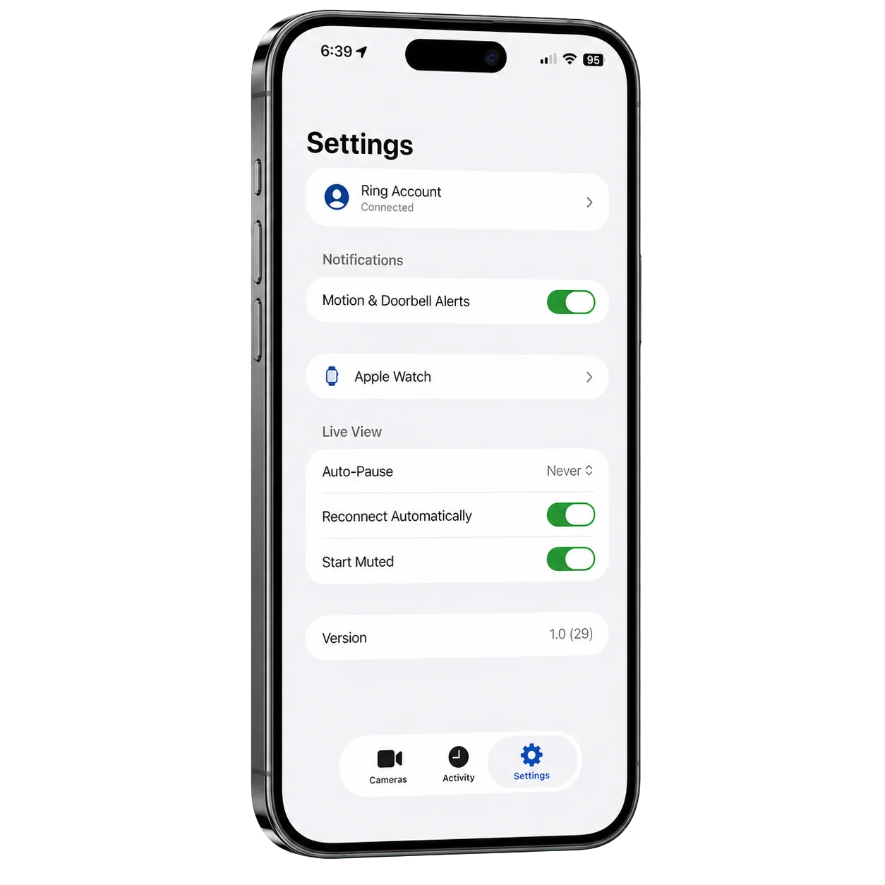 iPhone Settings screen showing Ring Account, Motion & Doorbell Alerts, Apple Watch, and Live View options