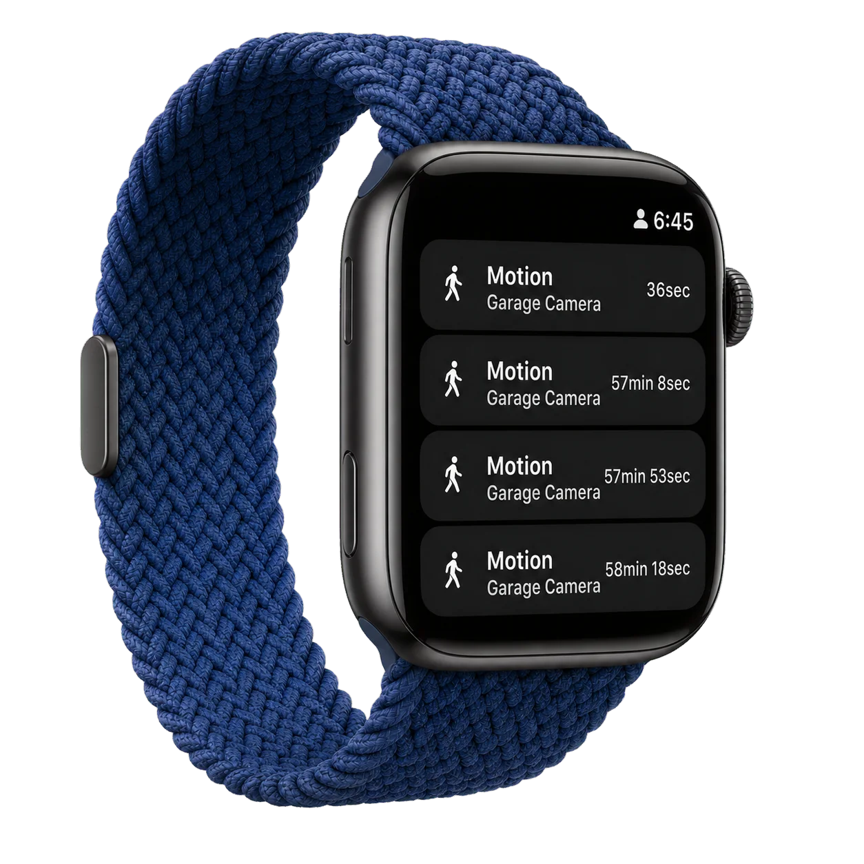 Apple Watch showing a list of recent motion alerts from the Garage Camera